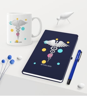BK Gift Kişiye Özel Tıp Sembolü Temalı Lacivert Defter Kalem Kupa Seti - 1 (Model 1)