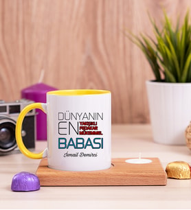 Dünyanın En İyi Babası Ahşap Altlıklı Mumlu Sarı Kupa Bardak
