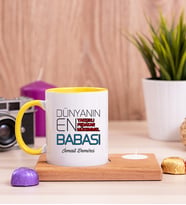 Dünyanın En İyi Babası Ahşap Altlıklı Mumlu Sarı Kupa Bardak