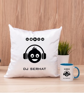 Emoji Tasarım Kare Yastık ve Mavi Kupa Bardak
