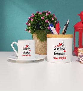 En Tatlı Anestezi Teknikeri Hediye Türk Kahvesi Fincanı ve Kalemlik Hediye Seti
