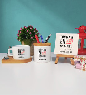 Kız Kardeş Tasarımlı Kişiye Özel Hediye Kız Kardeş Ahşap Altlıklı Fincan Kalemlik ve Dekoratif Taş Baskı Hediye Seti