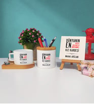Kız Kardeş Tasarımlı Kişiye Özel Hediye Kız Kardeş Ahşap Altlıklı Fincan Kalemlik ve Dekoratif Taş Baskı Hediye Seti