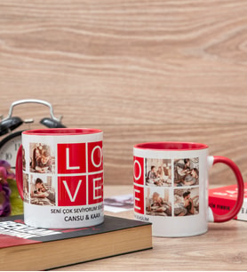 Love Yazılı 8 Fotoğraflı İkili Kupa Bardak