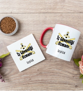 İş Güvenliği Uzmanı Kırmızı Kupa Bardak Ve Bardak Altlığı Seti