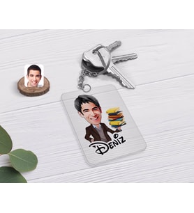 BK Gift Kişiye Özel Erkek Öğretmen Karikatürlü Şeffaf Pleksi Anahtarlık (Beyaz)