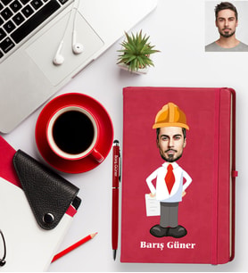 Kişiye Özel Mühendis Karikatürlü Kırmızı Defter Kalem Hediye Seti Bay-1