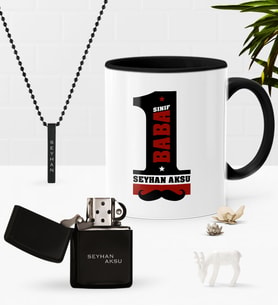 BK Gift Kişiye Özel 1. Sınıf Baba Siyah Kupa Benzinli Çakmak Kolye Seti (Model 1)