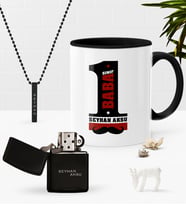 BK Gift Kişiye Özel 1. Sınıf Baba Siyah Kupa Benzinli Çakmak Kolye Seti (Model 1)