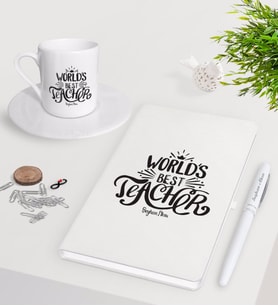 BK Gift Kişiye Özel Dünyanın En İyi Öğretmeni Beyaz Defter Kalem Türk Kahvesi Fincanı Seti-30 (Model 1)