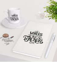 BK Gift Kişiye Özel Dünyanın En İyi Öğretmeni Beyaz Defter Kalem Türk Kahvesi Fincanı Seti-30 (Model 1)