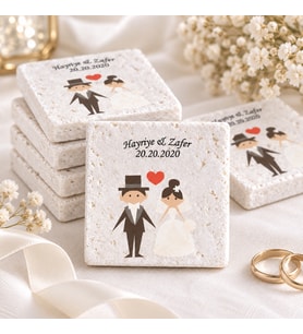 Kişiye Özel Doğal Taş Nikah Şekeri Magnet 5x5 30 Adet