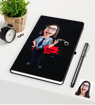 BK Gift Kişiye Özel Bayan Polis Karikatürlü Siyah Defter Kalem Seti