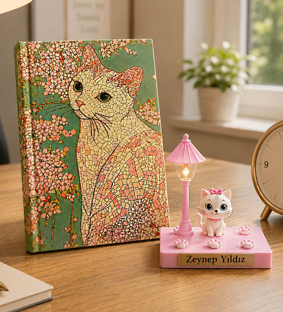 Kişiye Özel Mozaik Kedi Defter & İyi Ki Varsın Kedi Masa Lambası