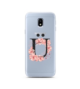 Pembe Çiçekli Harf Tasarım Süper Şeffaf Silikon Telefon Kılıfı Samsung J3 Pro Ü-