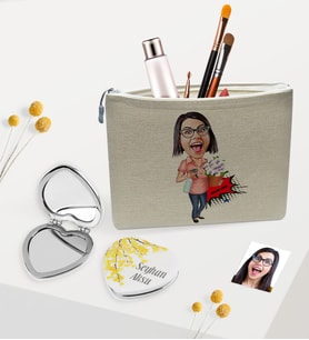 BK Gift Kişiye Özel Ev Hanımı Anne Karikatürlü Keten Makyaj Çantası ve Kalp Ayna Seti-2 (Model 1)