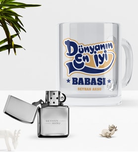 BK Gift Kişiye Özel Dünyanın En İyi Babası Cam Kupa Bardak Benzinli Metal Çakmak Seti-2 (Model 1)