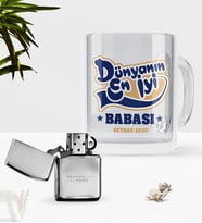 BK Gift Kişiye Özel Dünyanın En İyi Babası Cam Kupa Bardak Benzinli Metal Çakmak Seti-2 (Model 1)