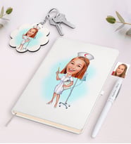 BK Gift Kişiye Özel Hemşire Karikatürlü Beyaz Defter Kalem ve Anahtarlık Hediye Seti-2 (Model 1)
