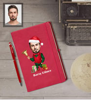 Kişiye Özel Yılbaşı Erkek Karikatürlü Kırmızı Defter Kalem Hediye Seti Model-10
