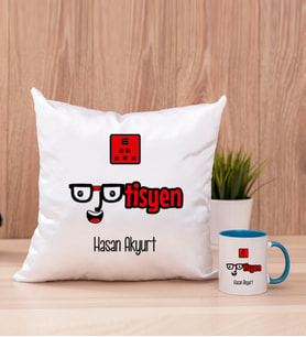 Optisyen Kare Yastık ve Mavi Kupa Bardak
