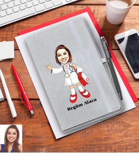 Kişiye Özel Doktor Karikatürlü Gri Defter Kalem Hediye Seti Bayan-1