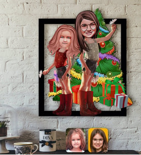 BK Gift Kişiye Özel Yeni Yıl Kız Kardeşler Karikatürlü 3D Ahşap Tablo-2 (Beyaz)