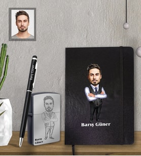 Kişiye Özel Öğretmen Karikatürlü  Siyah Defter Kalem Çakmak Hediye Seti  Bay-12 (Model 1)