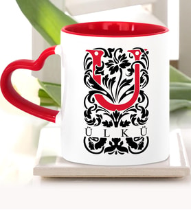 BK Gift Kişiye Özel Ü Harfi Kırmızı Kalpli Kupa Bardak Model 2