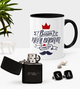 BK Gift Kişiye Özel Benim Kral Babam Siyah Kupa Çakmak Kol Düğmesi Seti (Model 1)