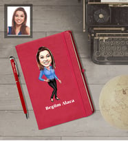 Kişiye Özel İş Kadını Karikatürlü  Kırmızı Defter Kalem Hediye Seti Bayan-20