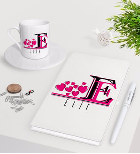 BK Gift Kişiye Özel Harfli Beyaz Defter Kalem Türk Kahvesi Fincanı Seti-2 (Model 1)