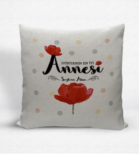 BK Gift Kişiye Özel Dünyanın En İyi Annesi Dekoratif Keten Yastık - 10 (Bej)