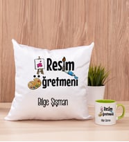 Resim Öğretmeni Kare Yastık ve Yeşil Kupa Bardak