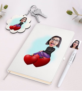 BK Gift Kişiye Özel Kadın Karikatürlü Beyaz Defter Kalem ve Anahtarlık Hediye Seti-2 (Model 1)