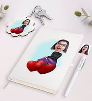 BK Gift Kişiye Özel Kadın Karikatürlü Beyaz Defter Kalem ve Anahtarlık Hediye Seti-2 (Model 1)