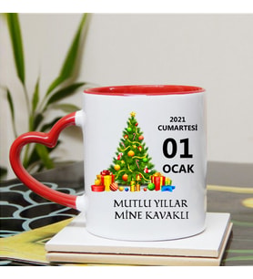 Kişiye Özel Yılbaşı Tasarımlı Kupa Bardak Kalpli Kırmızı