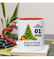 Kişiye Özel Yılbaşı Tasarımlı Kupa Bardak Kalpli Kırmızı