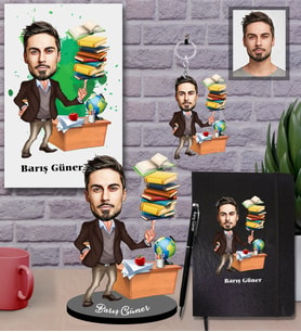 Kişiye Özel Öğretmen Karikatürlü 5 li Hediye Seti Bay-2