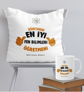 BK Gift Kişiye Özel Fen Bilimleri Öğretmeni Temalı Yastık Kupa Seti - 1