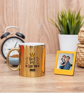 Best Dad Gold Kupa Bardak ve Sarı Mini Fotoğraf Çerçevesi