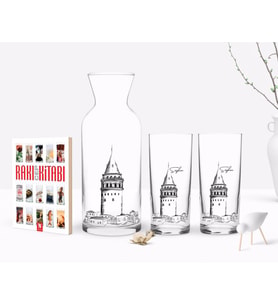 BK Gift Kişiye Özel Renkli Baskılı Galata Kulesi Tasarımlı İkili Rakı Bardağı Karaf ve Cep Kitabı Hediye Seti-10 (Model 1)