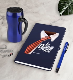 BK Gift Kişiye Özel İlk Babalar Günün Kutlu Olsun Lacivert Defter Kalem Termos Mug Seti-4 (Model 1)