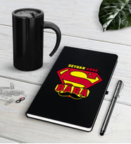 BK Gift Kişiye Özel Süper Baba Siyah Defter Kalem Termos Mug Seti-1 (Model 1)
