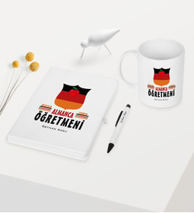 BK Gift Kişiye Özel Almanca Öğretmeni Temalı Beyaz Defter Kalem Kupa Seti - 1