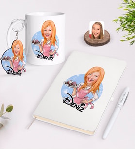 BK Gift Kişiye Özel Kadın Aşçı Karikatürlü Beyaz Defter Kalem Kupa ve Anahtarlık Hediye Seti-4 (Model 1)