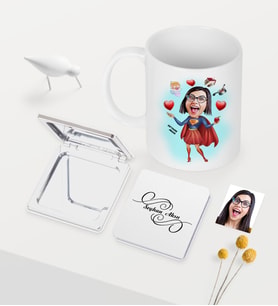 BK Gift Kişiye Özel Süper Anne Karikatürlü Beyaz Kupa Ayna Seti (Model 1)