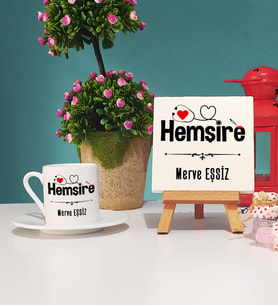 Hemşire Türk Kahvesi Fincanı ve Dekoratif Taş Baskı Seti