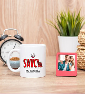 Savcı Beyaz Kupa Bardak ve Kırmızı Mini Fotoğraf Çerçevesi