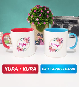 İkili Kişiye Özel İsim Yazılı Çiçek Tasarımlı Kupa Bardak Kırmızı Mavi